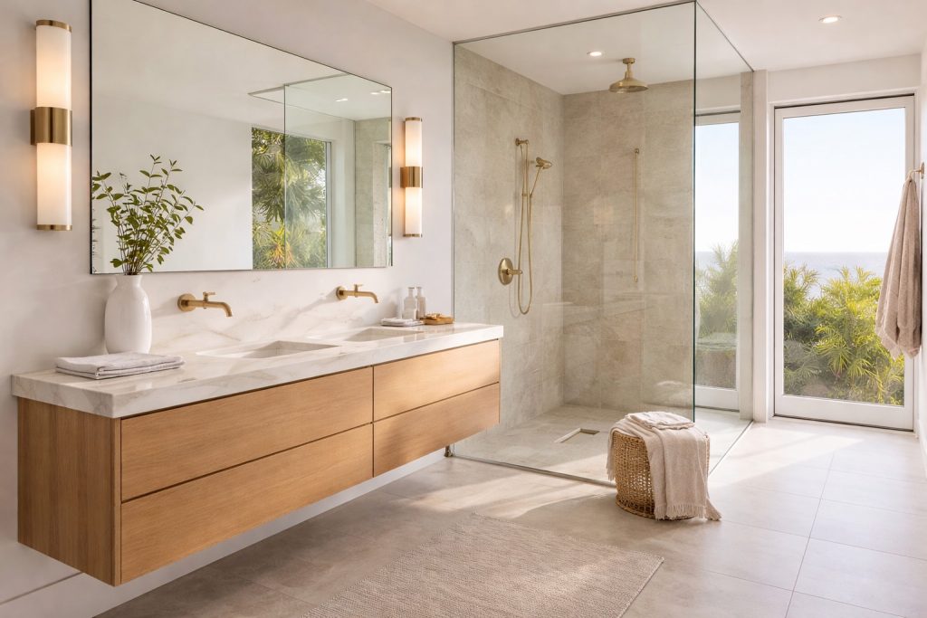 Coastal contemporary luxury bathroom with freestanding tub and premium plumbing fixtures by Little Oaks Plumbing in Encinitas and Rancho Santa Fe.