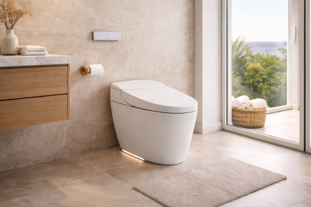 TOTO Neorest luxury smart toilet installation in an upscale Rancho Santa Fe bathroom